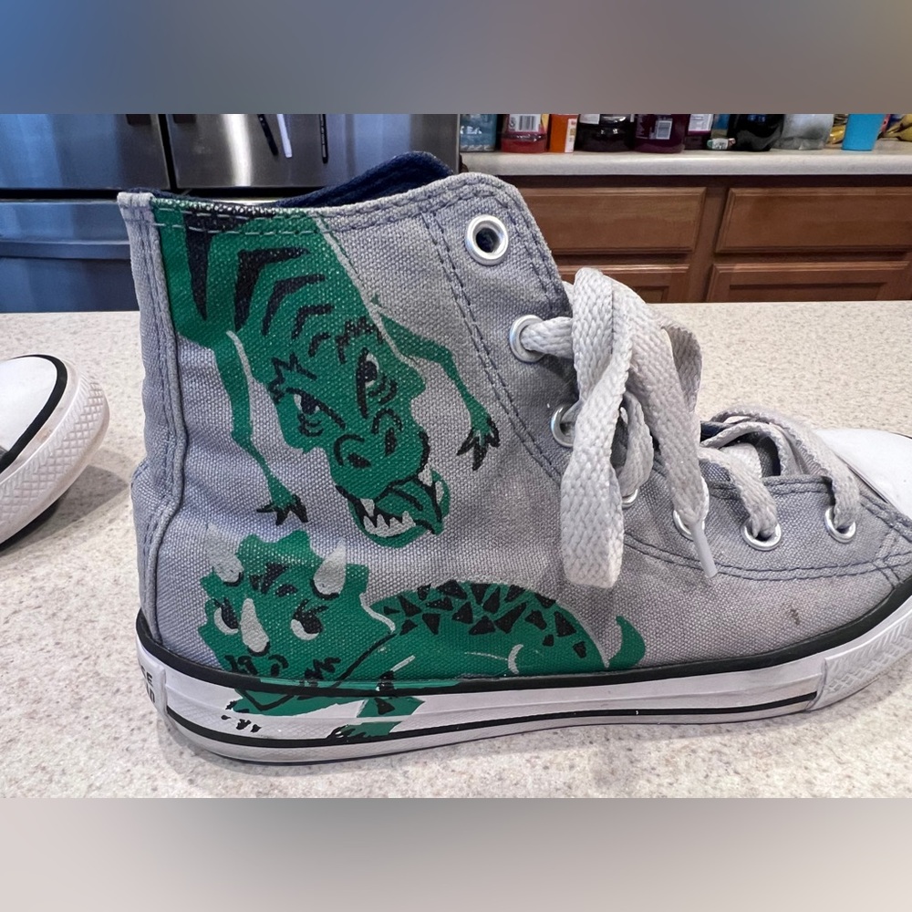 Converse All Star High Top Kids Size 3 Dinosaur Shoes Gray Green Canvas rare - Picture 6 of 14